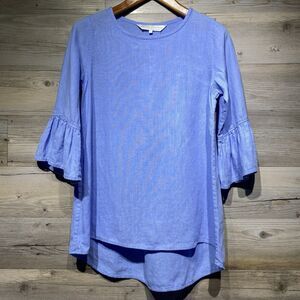 Crown Linen Designs Tunic Top XS Blue Ruffled Bell Sleeve Oversized Lagenlook